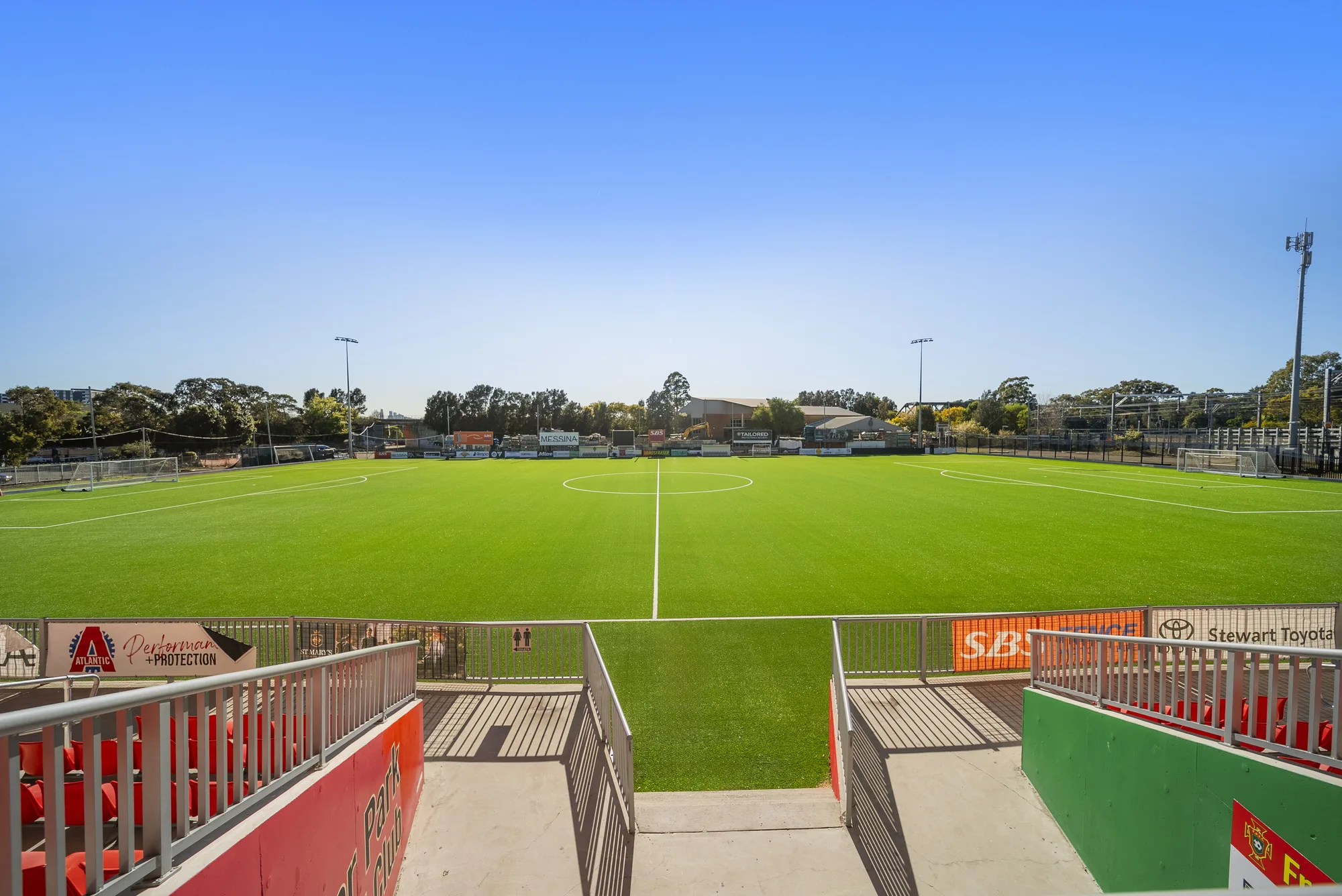 View across the finished Fraser Park synthetic pitch from the grandstand seating, Marrickville — JL Turf Group